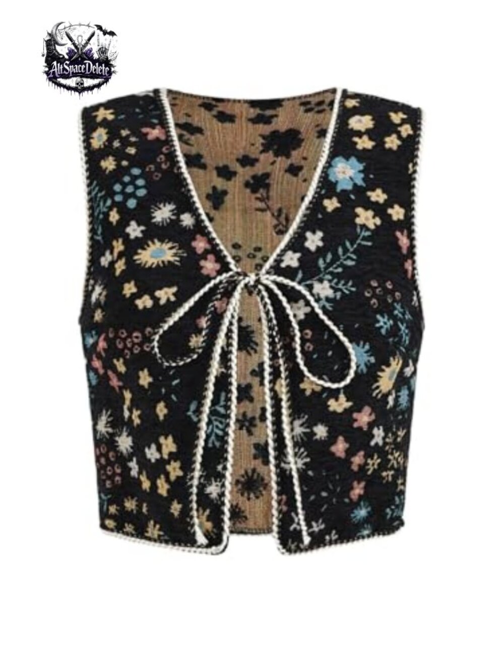Embroidered Tie Front Western Vest Cropped Sleeveless V Neck Top